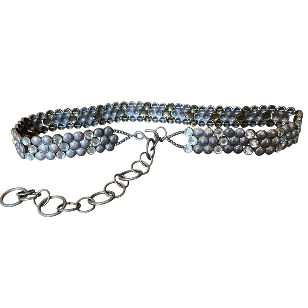 Chico’s Antique Tone Brass Silver Chrystal chain Waist belt One size